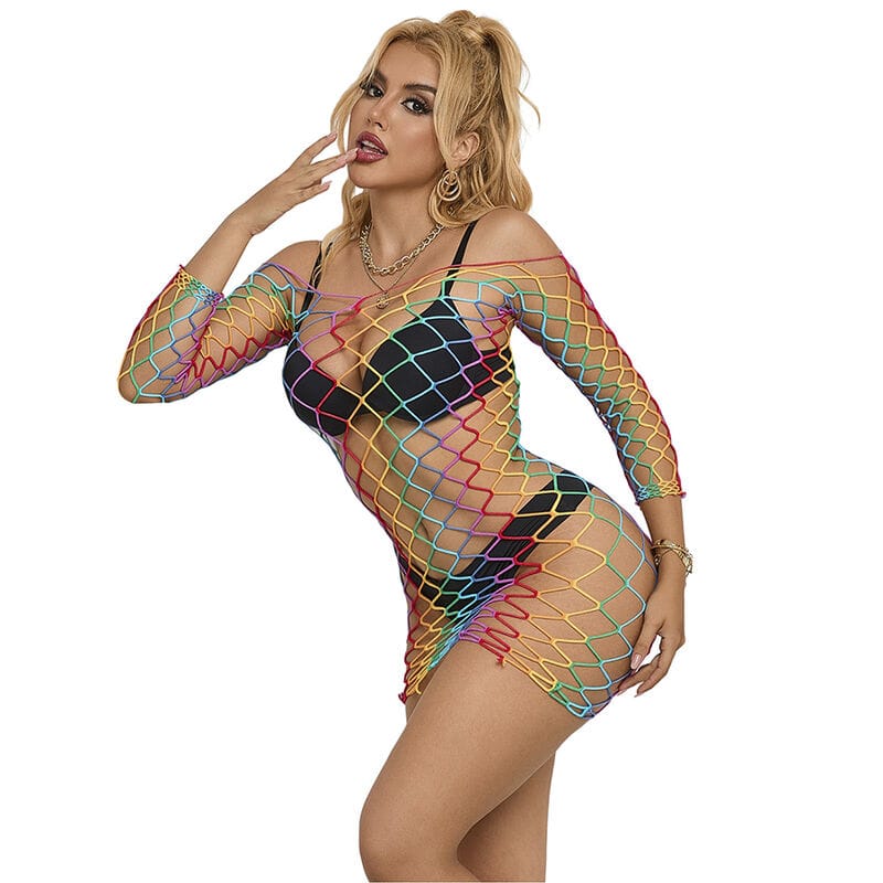Kleid Regenbogen-Kleid mit langen Ärmeln und Netz Eine