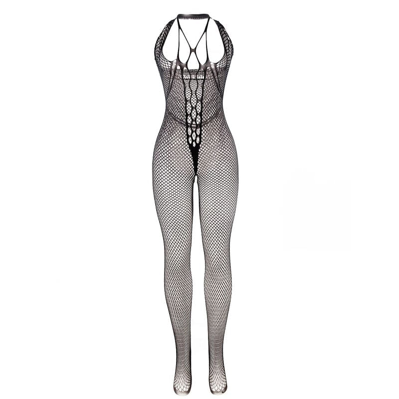 Langer Netz-Bodystocking mit Riemen auf Brust und Rücken Schwarz Einheitsgröße – Ansicht 3