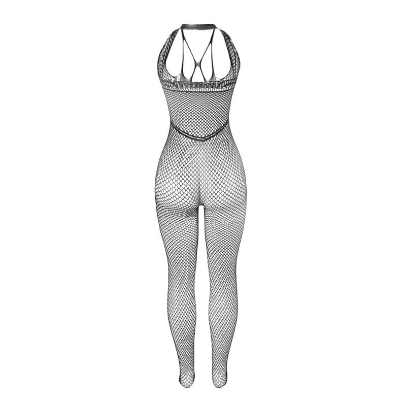 Langer Netz-Bodystocking mit Riemen auf Brust und Rücken Schwarz Einheitsgröße – Ansicht 4