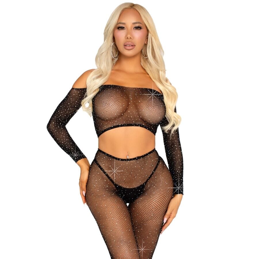 Slip Crop Top und Netzleggings mit Strasssteinen Schwarz