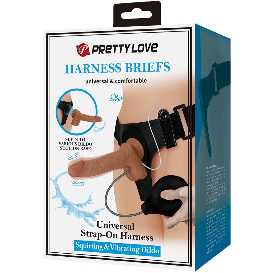 Strap-on Universal Harness Slip mit Vibrierendem und Squirting- Mulato Braun 15,5 cm