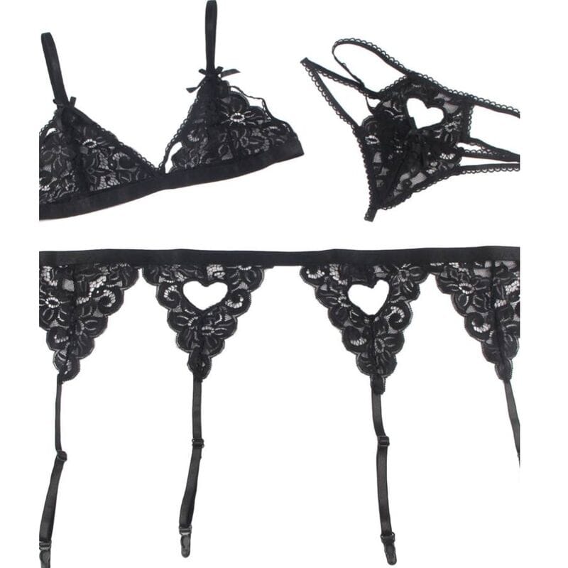 Strapsset Dreiteiliges Set BH + Strumpfgürtel + String L/XL Schwarz – Ansicht 8