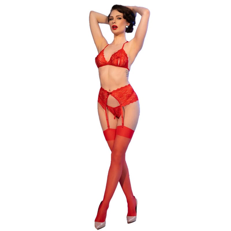 Strümpfe Rot Spitzen-Bh + Tanga + Strümpfe Set M
