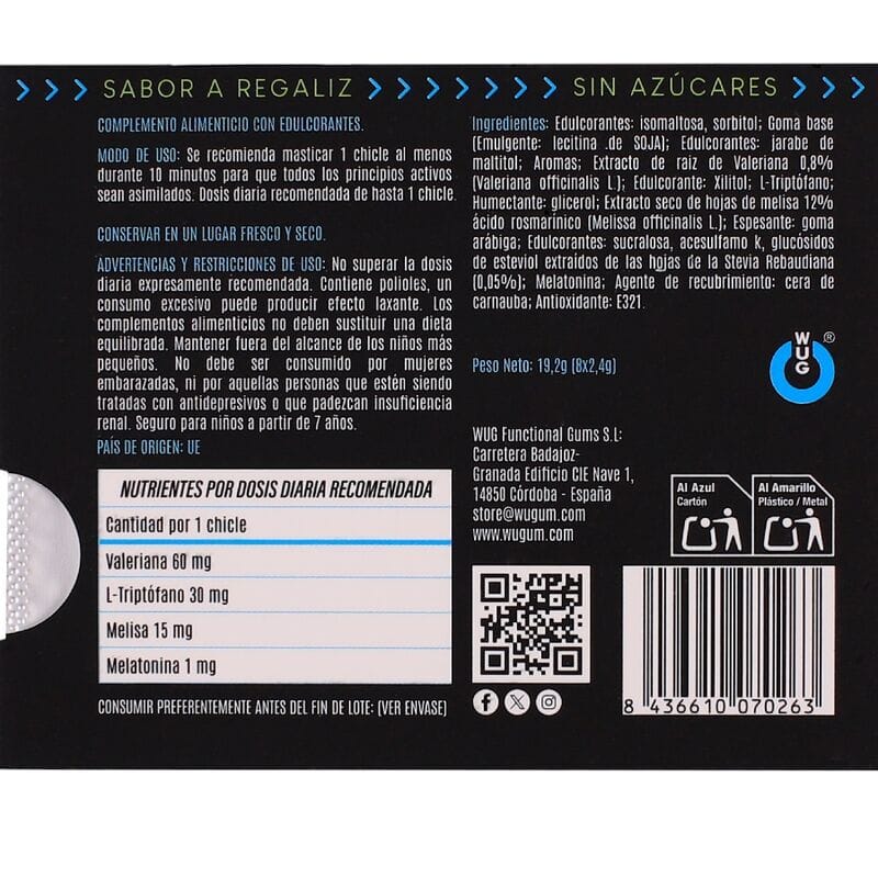 Wug Off – Funktionelles Melatonin & Baldrian – Lakritz – Kaugummi, 8 Stück