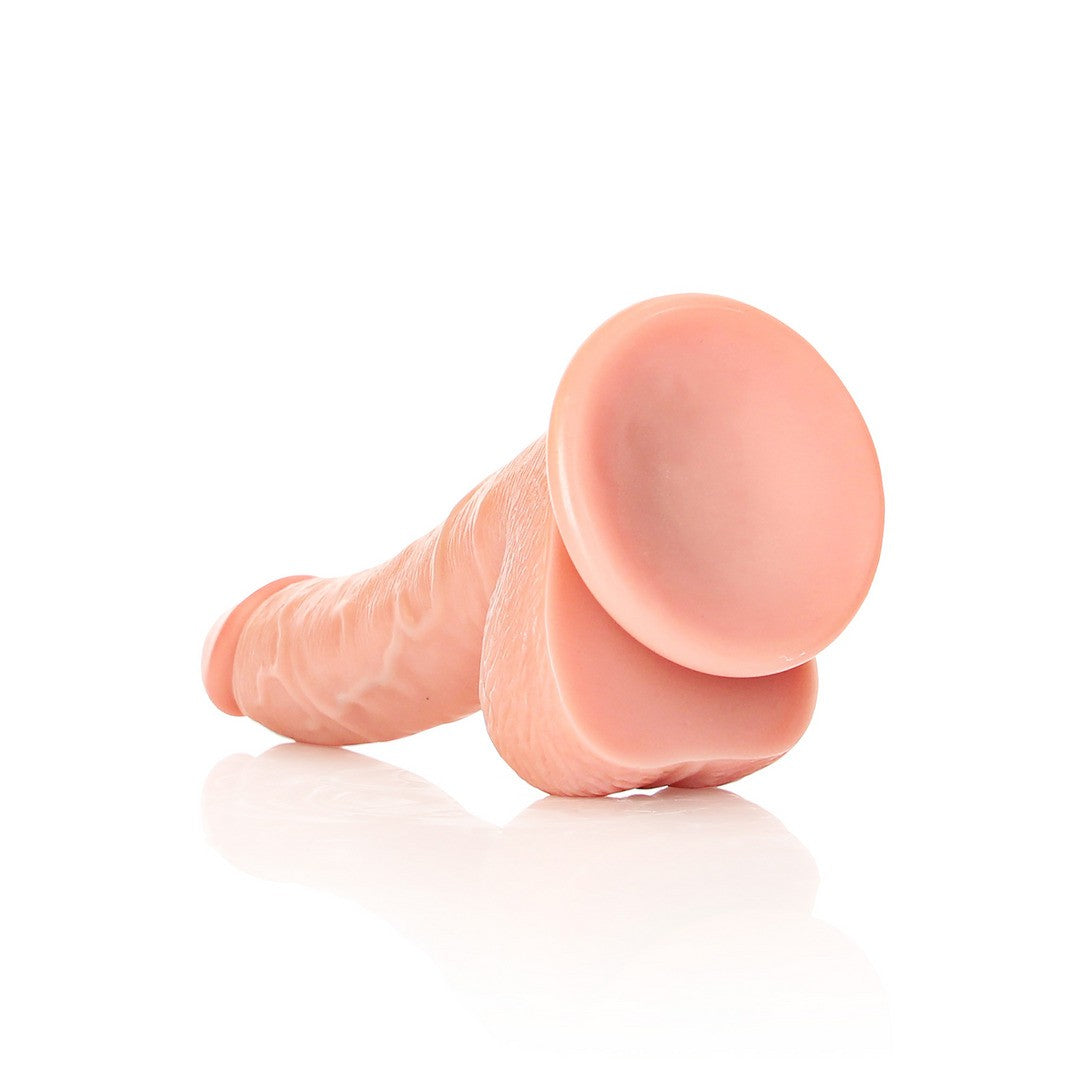 Realistischer Dildo gebogen mit Hoden und Saugnapf Hautfarbe 18 cm