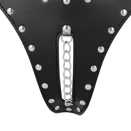 Keuschheitsstring aus PU-Leder mit Kette Schwarz