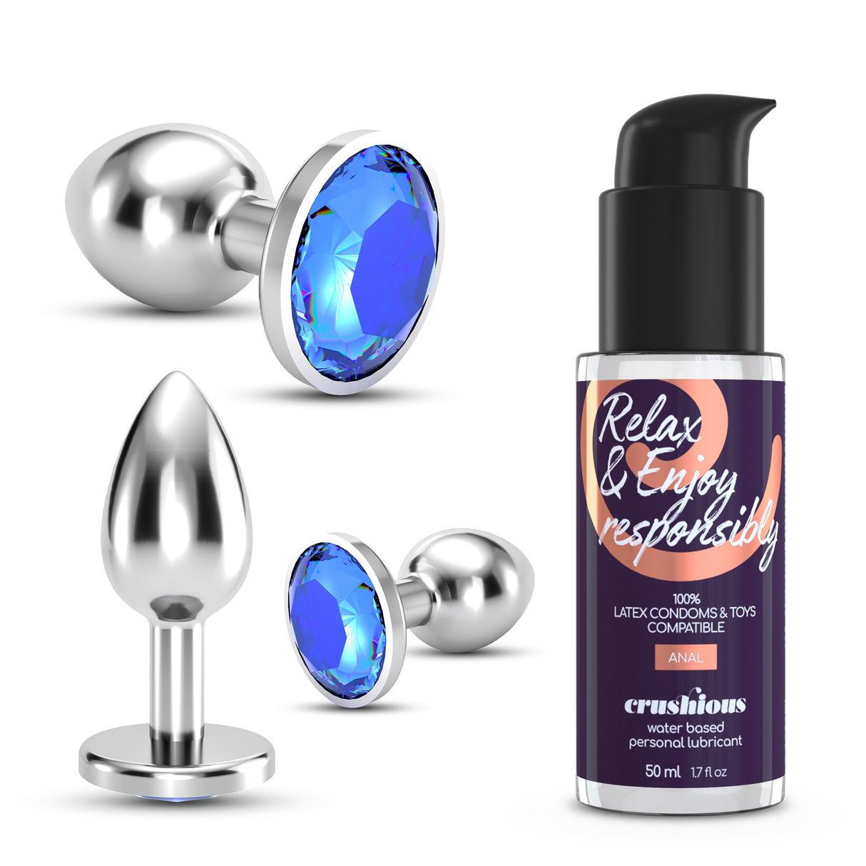 Analplug-Set Bijou Trio mit Gleitgel 50 ml Blau 6 x Ø 2,7 cm