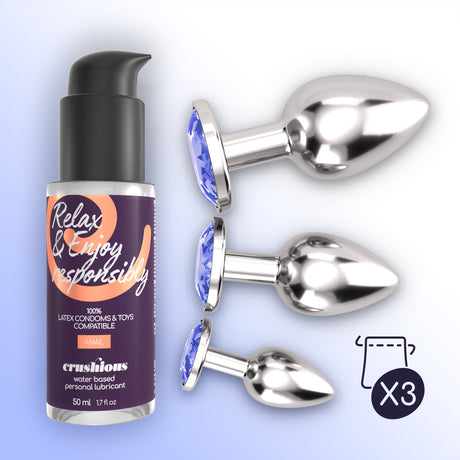 Analplug-Set Bijou Trio mit Gleitgel 50 ml Blau 6 x Ø 2,7 cm