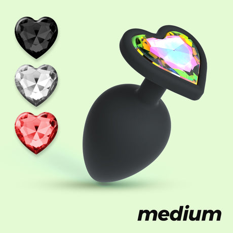 Analplug Cuore mit 4 austauschbaren Schmucksteinen Schwarz 7 x Ø 3,4 cm
