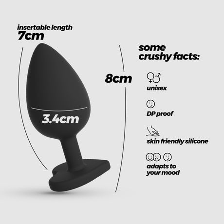 Analplug Cuore mit 4 austauschbaren Schmucksteinen Schwarz 7 x Ø 3,4 cm