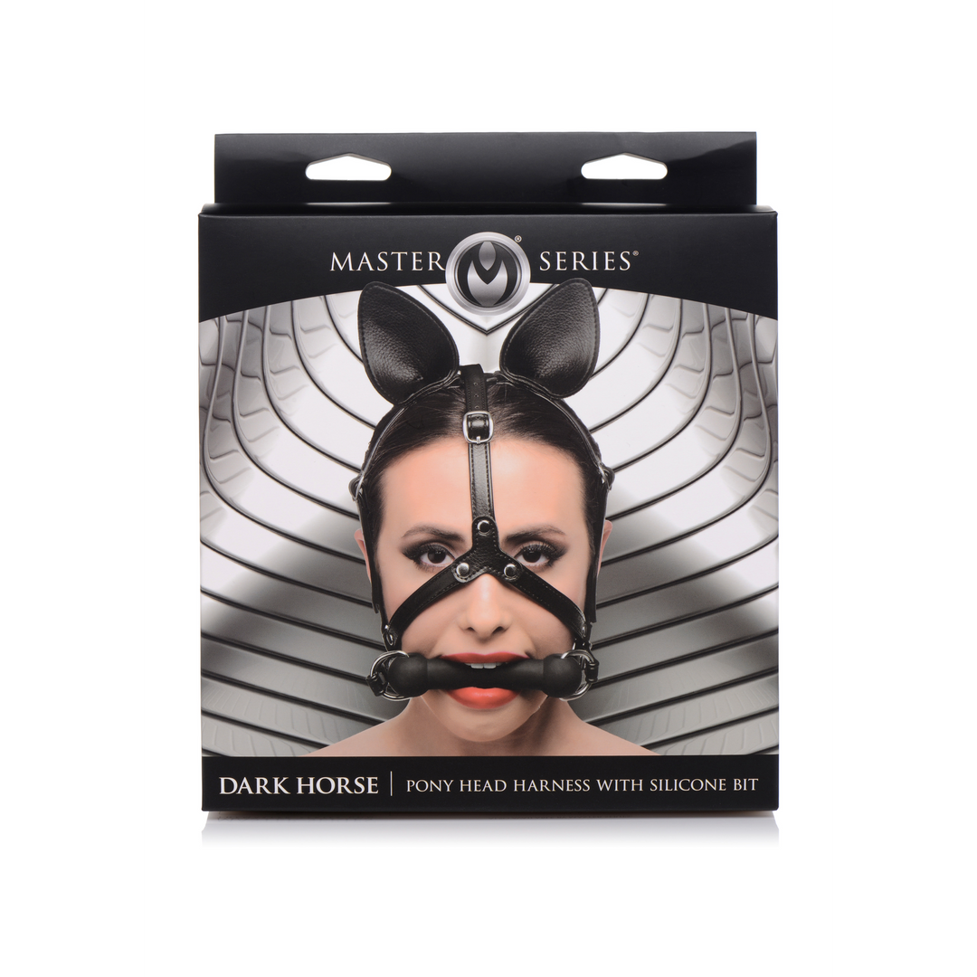 Harness Dunkles Pferd Ponykopf mit Silikongebiss Schwarz