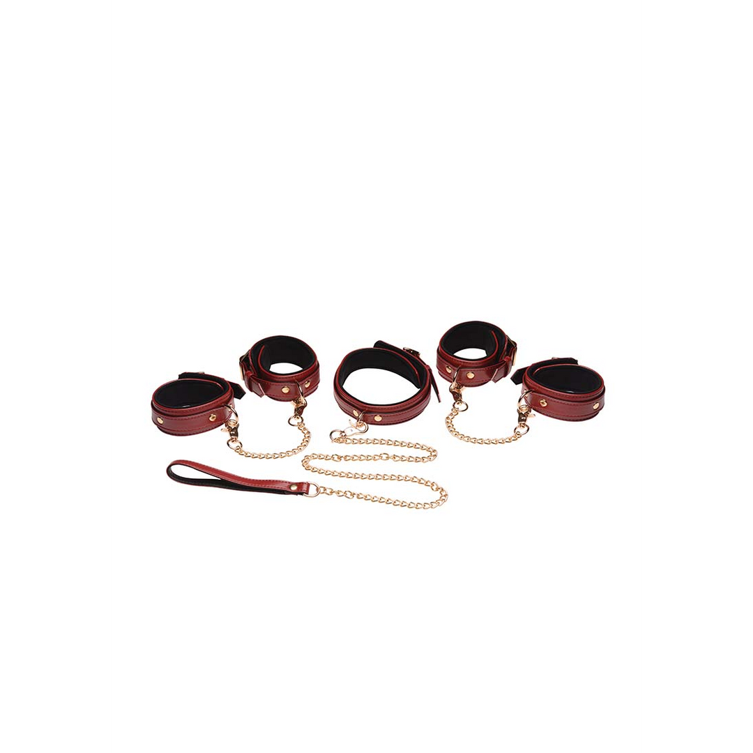 Bondage-Set 6 Teile mit Handschellen, Halsband und Gürtel Rot