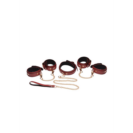 Bondage-Set 6 Teile mit Handschellen, Halsband und Gürtel Rot