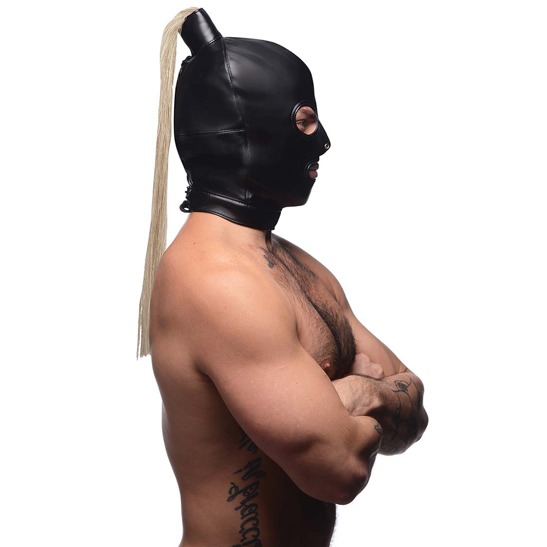 Bondage-Maske mit blondem Pferdeschwanz Schwarz 28 cm