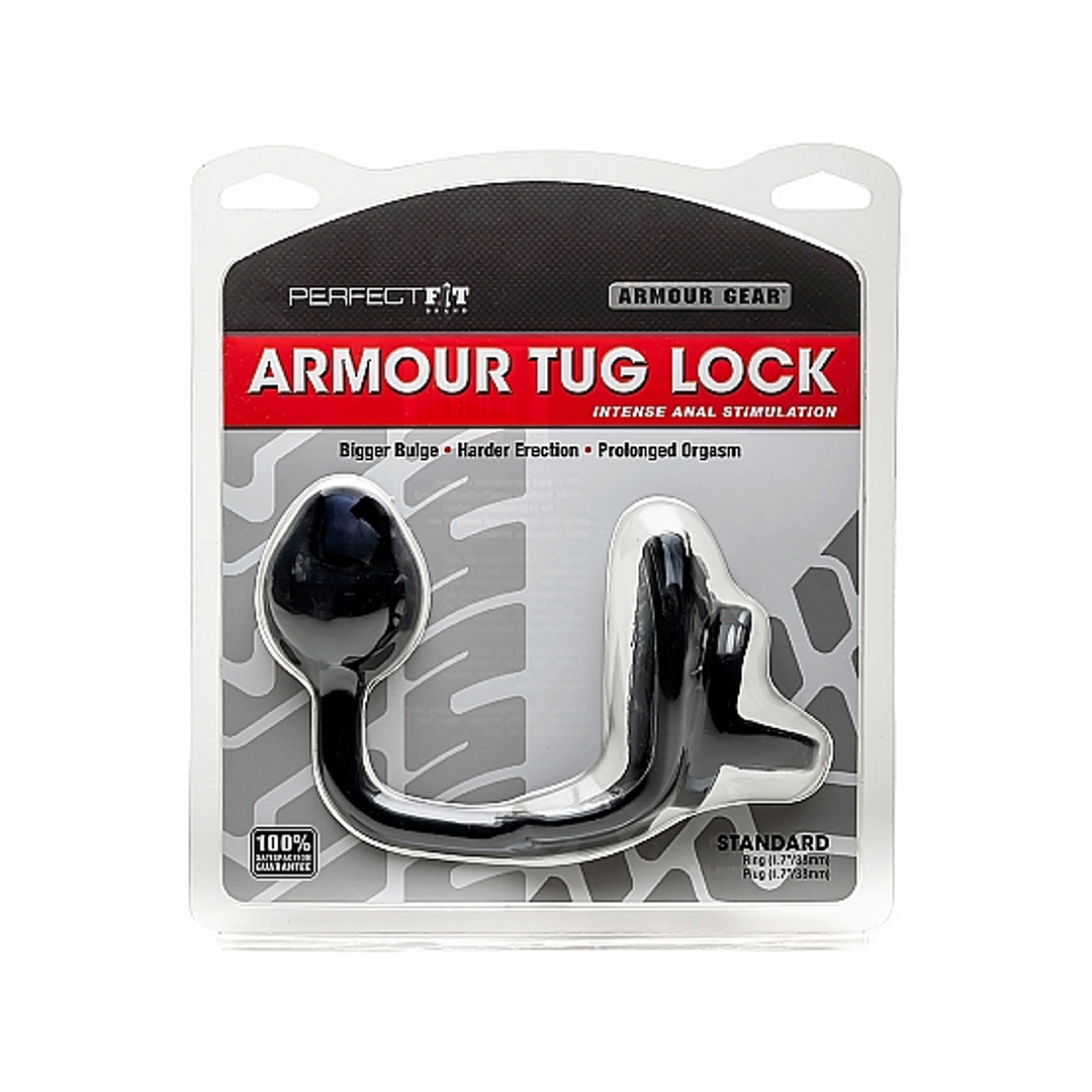 Analplug Armor Tug-Lock mit Penisring und Hodenriemen Schwarz 12,5 x Ø 4 cm
