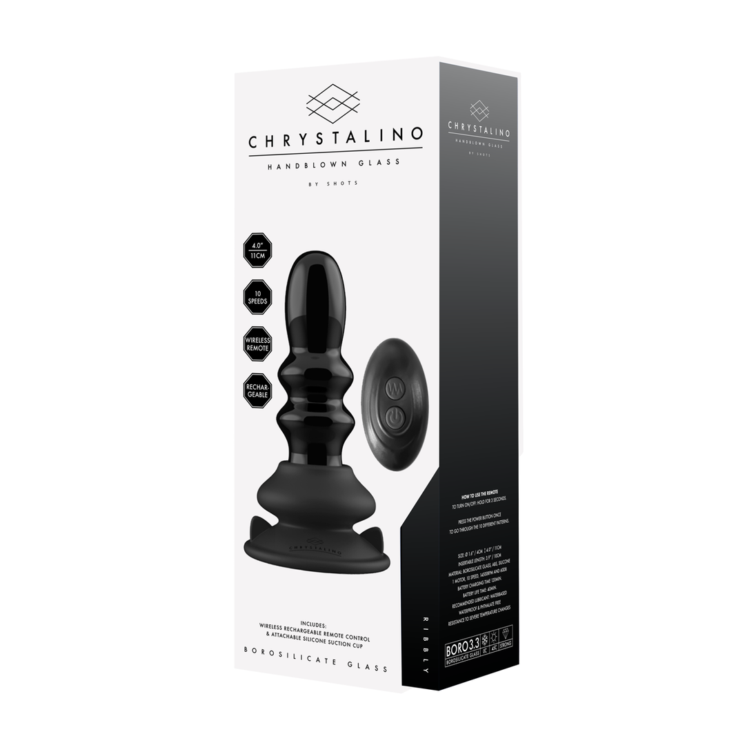 Vibrator Ribbly Glas gerippt mit Saugfuß Schwarz 10 x Ø 4 cm