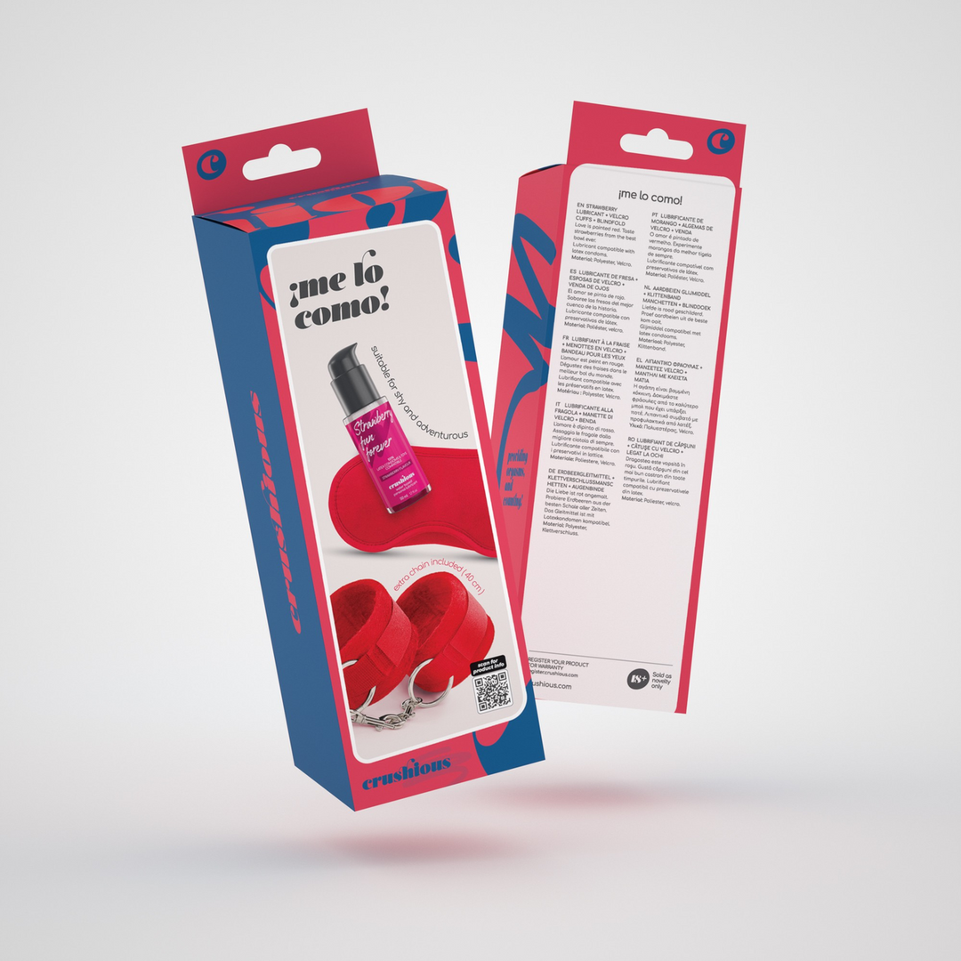 Set Me Lo Como Handschellen mit Augenbinde und Erdbeer-Gleitgel Rot 9 cm