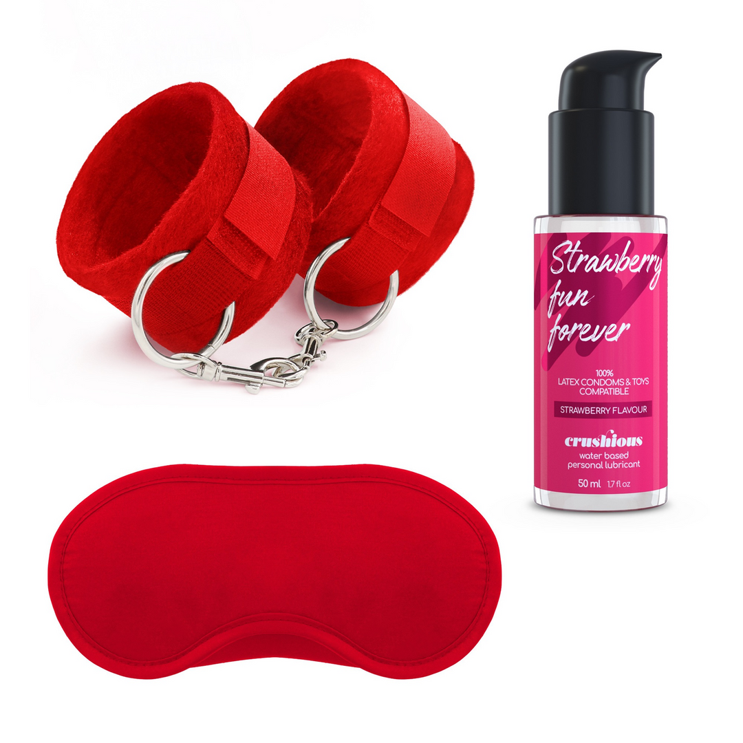 Set Me Lo Como Handschellen mit Augenbinde und Erdbeer-Gleitgel Rot 9 cm