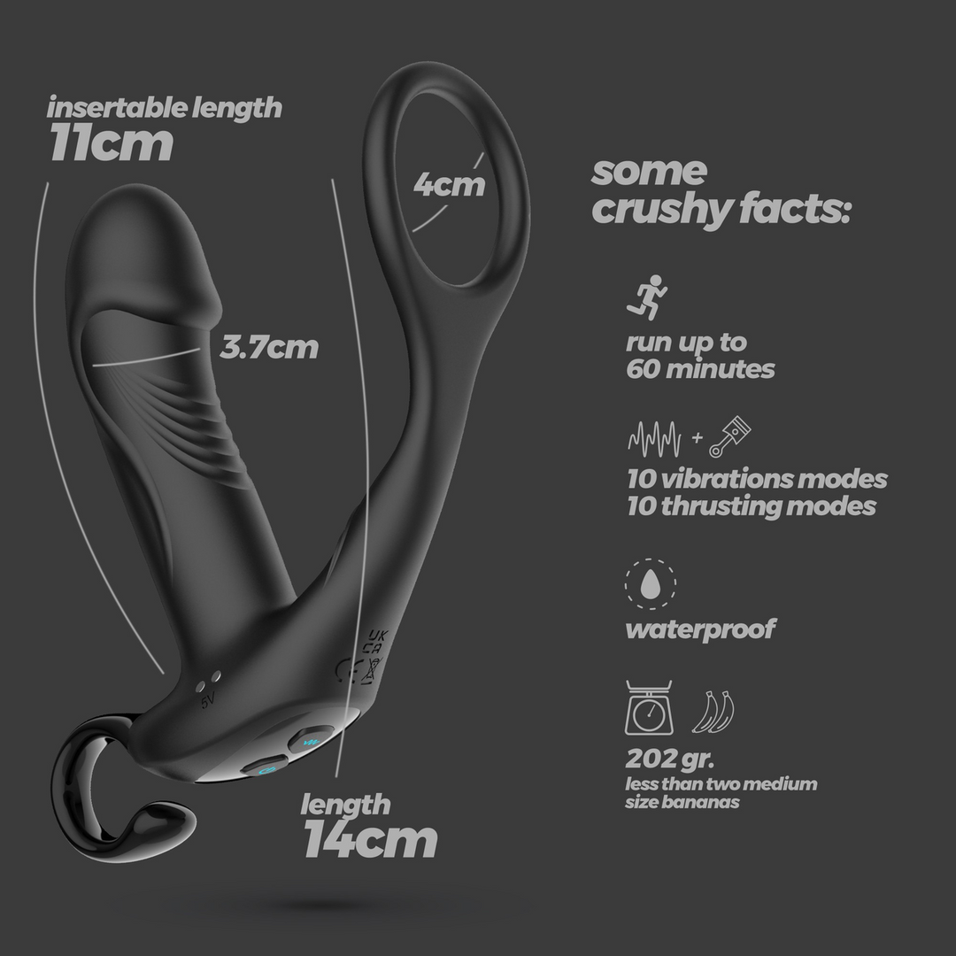 Prostata-Vibrator Magoo mit Stoßfunktion Penisring und Fernbedienung Schwarz 14 cm