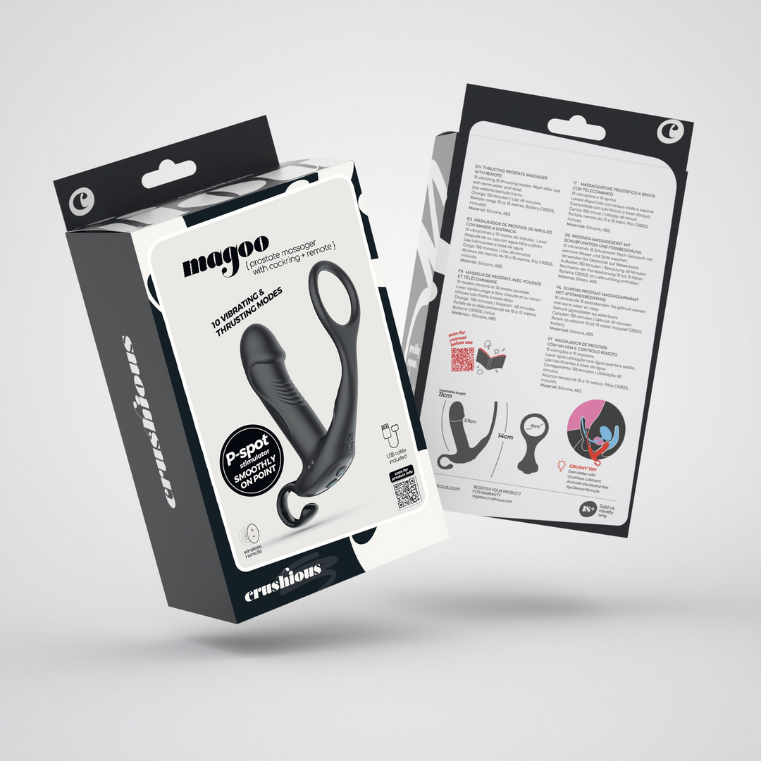 Prostata-Vibrator Magoo mit Stoßfunktion Penisring und Fernbedienung Schwarz 14 cm
