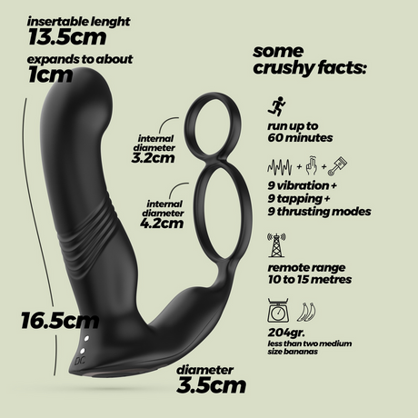 Prostata-Vibrator Erixos mit Hodenriemen und Penisring Schwarz 14,5 cm