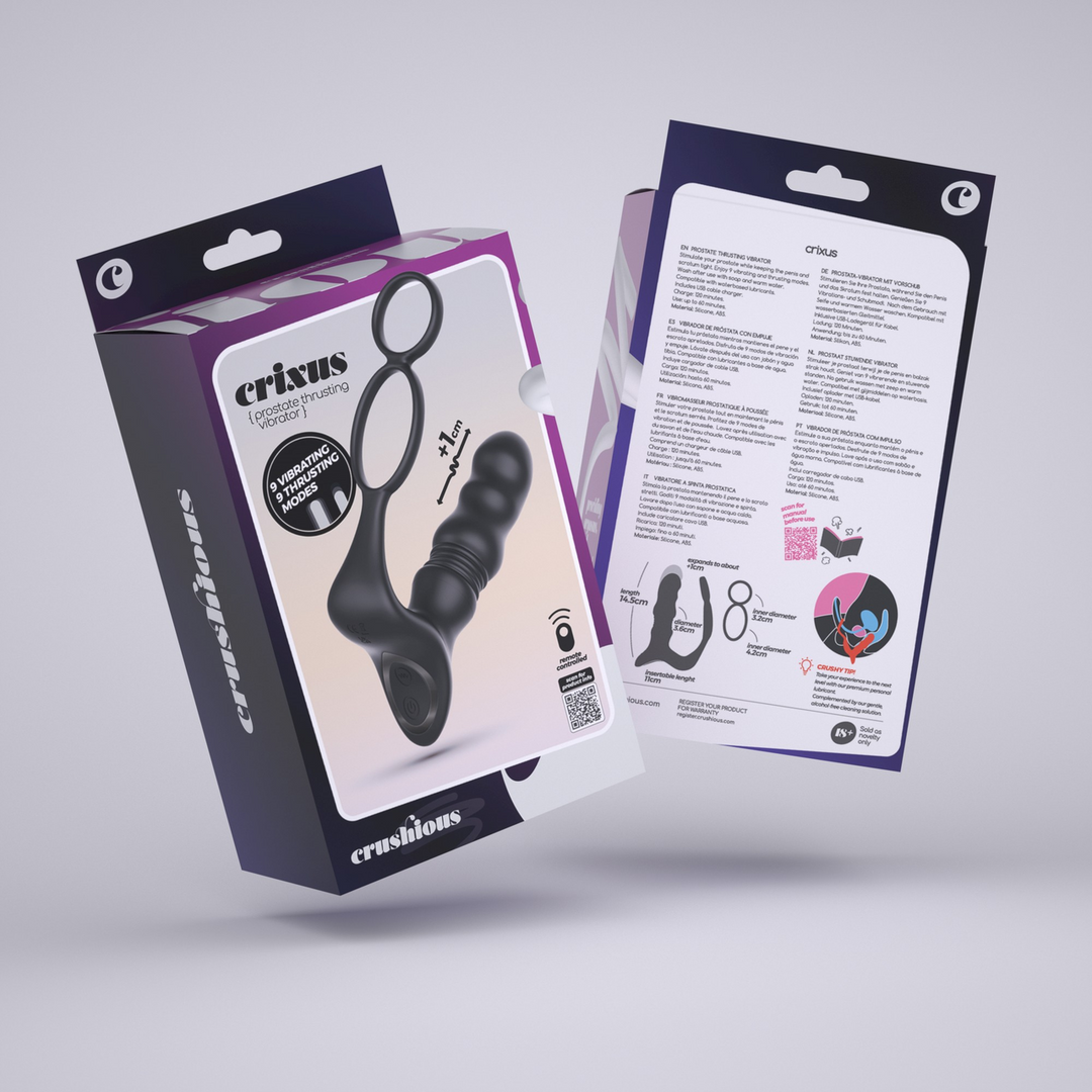 Prostata-Vibrator Crixus mit Hodenriemen und Penisring Schwarz 12 cm