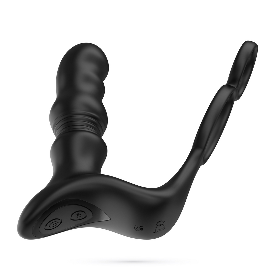 Prostata-Vibrator Crixus mit Hodenriemen und Penisring Schwarz 12 cm