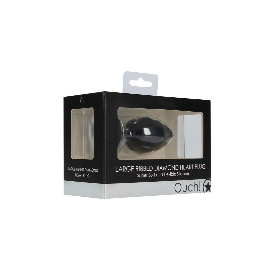 Analplug Diamant Herz gerippt groß Schwarz 7 x Ø 3,5 cm