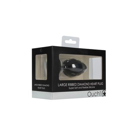 Analplug Diamant Herz gerippt groß Schwarz 7 x Ø 3,5 cm