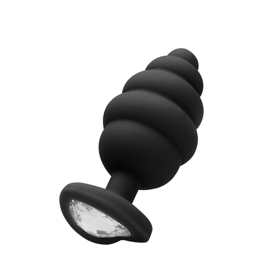 Analplug Diamant Herz gerippt groß Schwarz 7 x Ø 3,5 cm