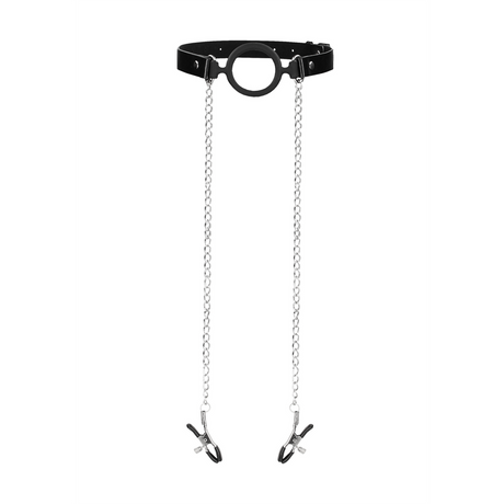 Ballknebel mit Nippelklemmen Schwarz 62 cm