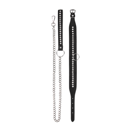 Halsband diamantbesetzt mit Leine Schwarz 102 cm