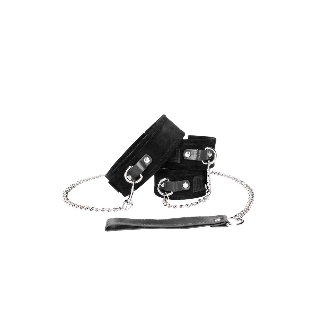 Halsband mit Leine und Handschellen Klettverschluss Schwarz 43 cm