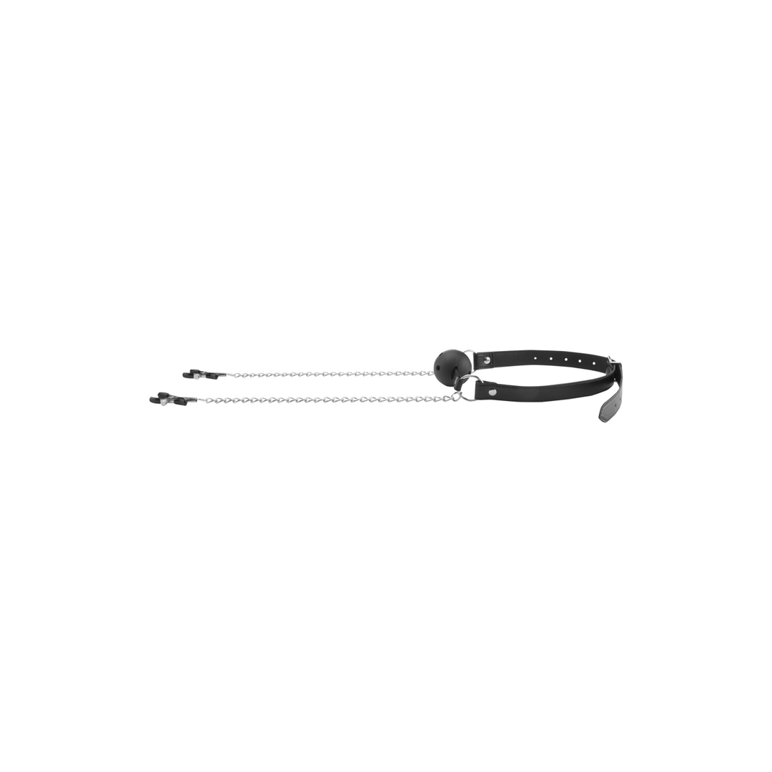 Ballknebel atmungsaktiv mit Nippelklemmen Schwarz 6,5 cm