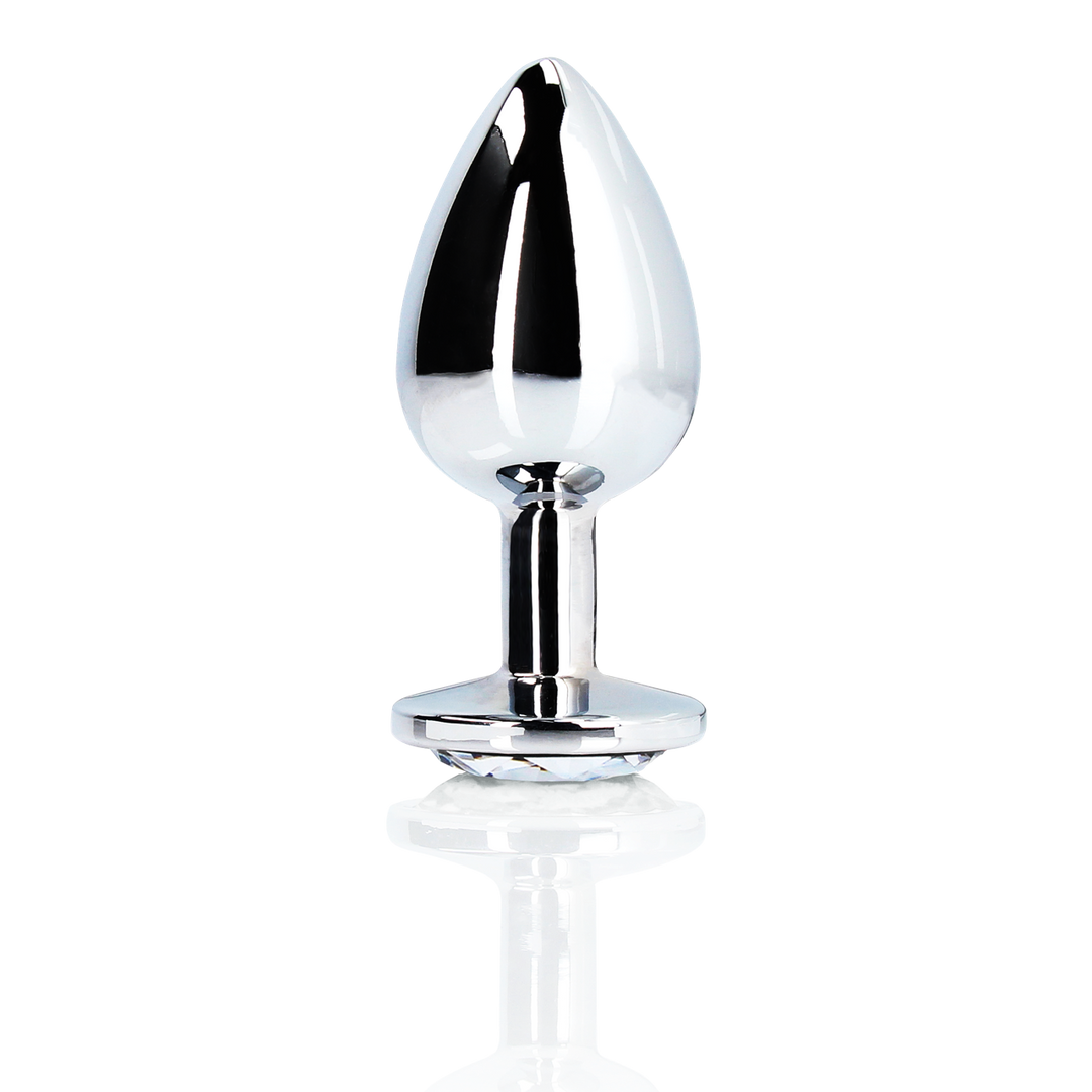 Analplug Edelstein rund groß Silber/Diamant 8,1 x Ø 4 cm