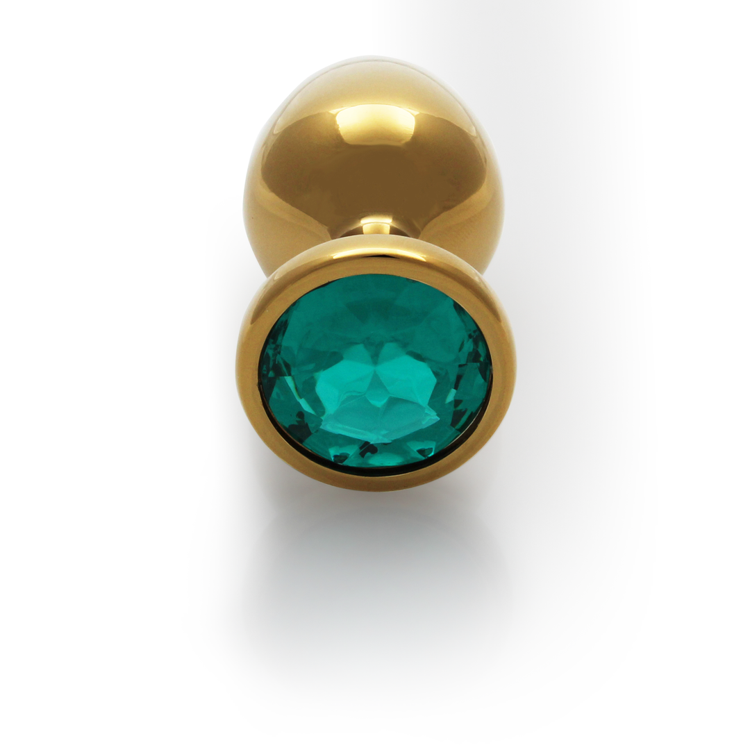 Analplug Edelstein rund groß Gold/Smaragdgrün 8,1 x Ø 4 cm