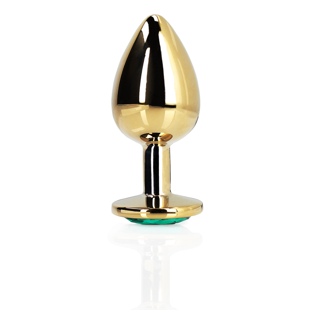 Analplug Edelstein rund groß Gold/Smaragdgrün 8,1 x Ø 4 cm