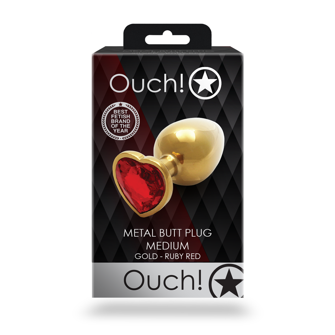 Analplug Edelstein Herz mittel Gold/Rubinrot 7,1 x Ø 3,4 cm