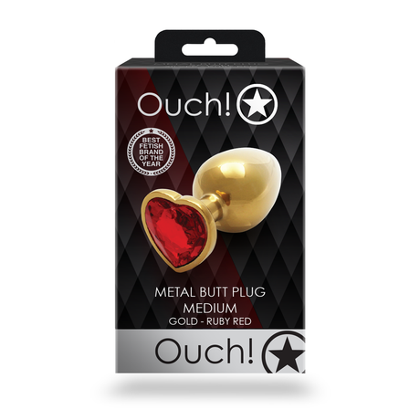 Analplug Edelstein Herz mittel Gold/Rubinrot 7,1 x Ø 3,4 cm