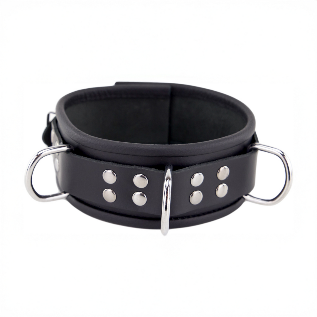 Lederhalsband mit 3 D-Ringen Schwarz