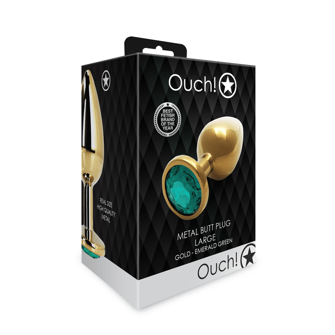 Analplug Ouch aus Metall mit rundem Stein Gold-Smaragdgrün 8,1 x Ø 4 cm – Ansicht 2