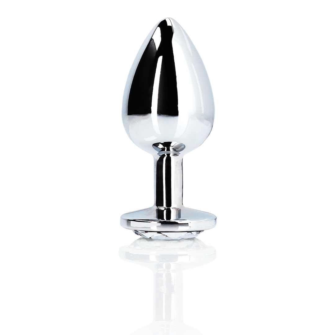 Analplug Ouch aus Metall mit rundem Stein Silber-Diamant 8,1 x Ø 4 cm