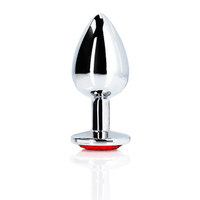 Analplug Ouch aus Metall mit rundem Stein Silber-Rubinrot 7,1 x Ø 3,4 cm