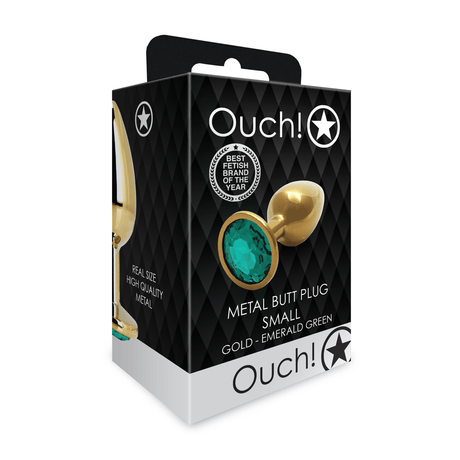 Analplug Ouch aus Metall mit rundem Stein Gold-Smaragdgrün 6,2 x Ø 2,7 cm – Ansicht 2