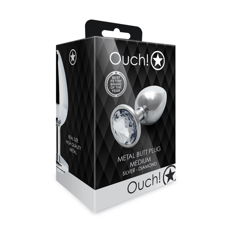 Analplug Ouch aus Metall mit rundem Stein Silber-Diamant 7,1 x Ø 3,4 cm – Ansicht 2