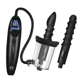 Analvibrator Master Series Rosebud Driller Deluxe Set mit Pumpe und zwei Aufsätzen Schwarz und Transparent 12 x Ø 5 cm