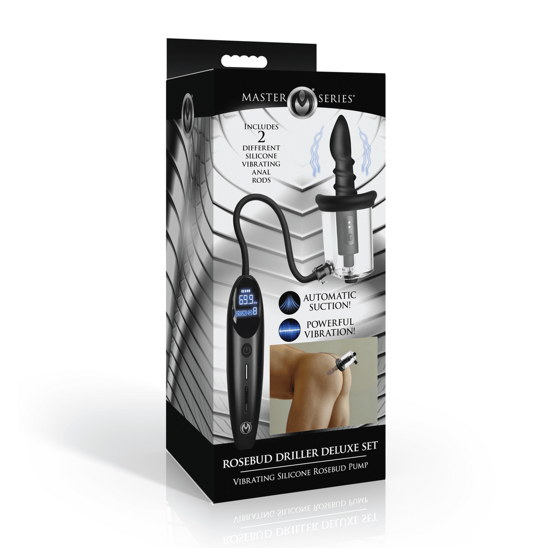Analvibrator Master Series Rosebud Driller Deluxe Set mit Pumpe und zwei Aufsätzen Schwarz und Transparent 12 x Ø 5 cm – Ansicht 2