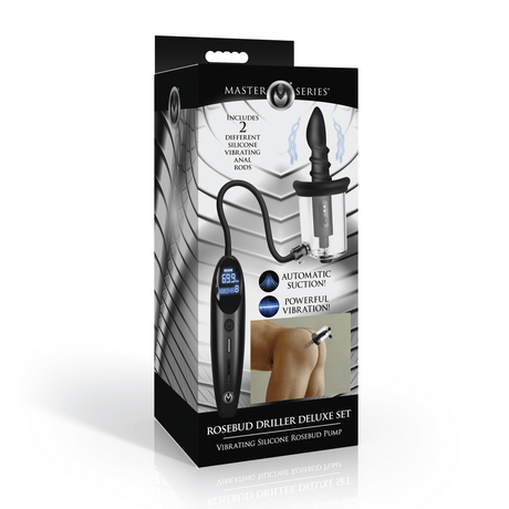 Analvibrator Master Series Rosebud Driller Deluxe Set mit Pumpe und zwei Aufsätzen Schwarz und Transparent 12 x Ø 5 cm – Ansicht 2
