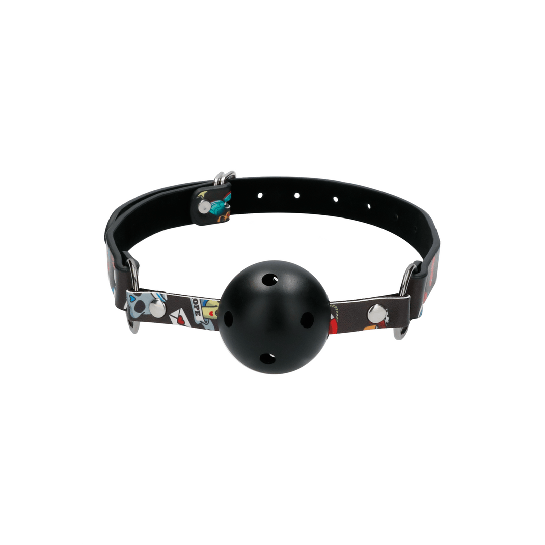 Ballknebel Ouch atmungsaktiv mit Tattoo-Riemen 63 x Ø 4,3 cm – Ansicht 4