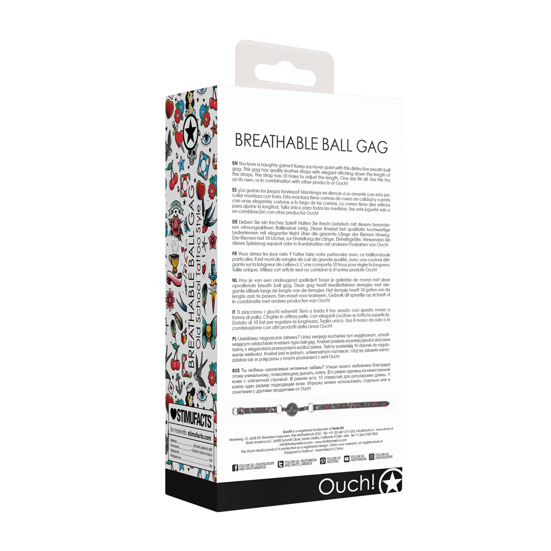 Ballknebel Ouch atmungsaktiv mit Tattoo-Riemen 63 x Ø 4,3 cm – Ansicht 3